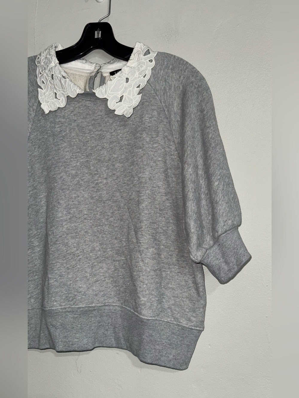 J. Crew Light Gray Puff-Sleeve Sweatshirt with White Floral Collar - Picture 9 of 16